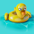 Yellow Inflatable Duck Swim Ring Floating With Grumpy Expression On Blue Water