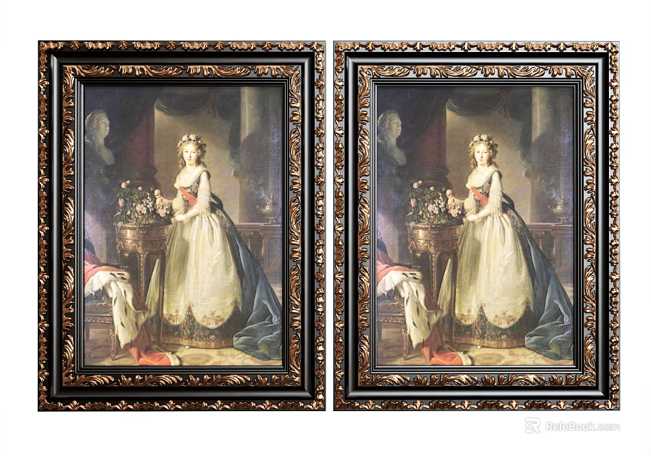 Pair of Vintage Female Portrait Paintings with Ornate Gold Frames and Classical Attire 3d model 