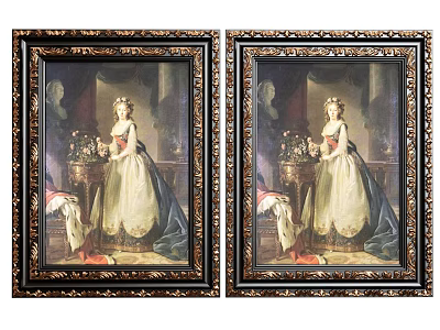 Pair of Vintage Female Portrait Paintings with Ornate Gold Frames and Classical Attire 3d model