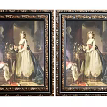 Pair of Vintage Female Portrait Paintings with Ornate Gold Frames and Classical Attire