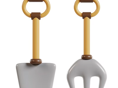 Decorative Ornament Set with Shovel Fork Ornaments Yellow Handles Gray Heads Brown Accents Loop Design 3d model