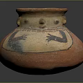Ancient Ceramic Vessel With Protruding Neck Decorations Orange Beige Body And Black Hand Shaped Patterns