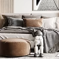 Modern Bedroom Interior Design With Arch Wall Art Round Pendant Lights Pillows And Brown Ottoman