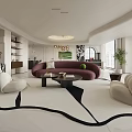 Modern Living and Dining Room With Purple Sofa Circular Rug And Floor to Ceiling Windows
