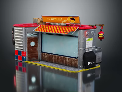 Cartoon Scene of Cafe Storefront with Red Roof Striped Awning Wooden Door and Hanging Lantern 3d model