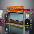 Cartoon Scene of Cafe Storefront with Red Roof Striped Awning Wooden Door and Hanging Lantern