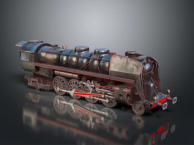 Vintage Steam Locomotive With Black Metal Body Red Stripes Detailed Wheels And Pipes 3d model