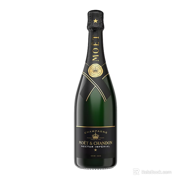 Elegant Wine Bottle And Glass With Moët Chandon Vintage Imperial Champagne Gold Label Design 3d model 
