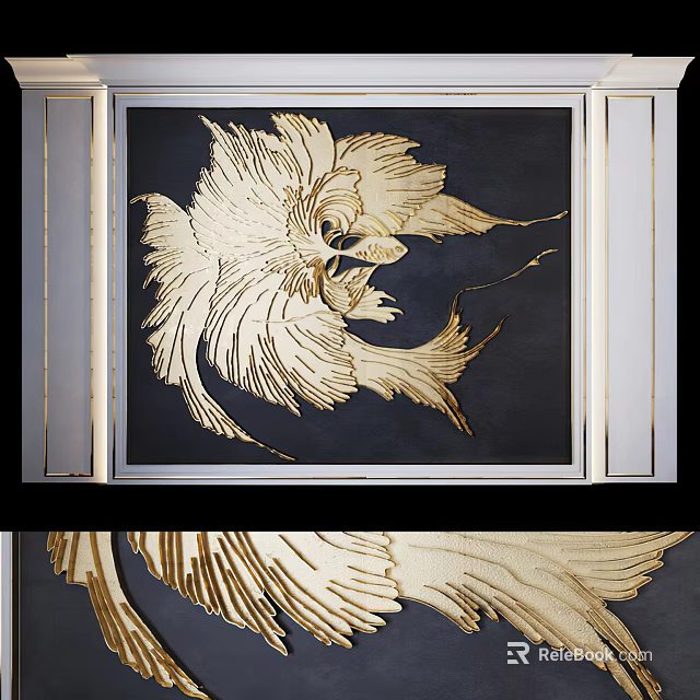 Decorative Background Wall Featuring Intricate Golden Fish Pattern On Dark Backdrop 3d model