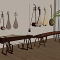 Traditional Chinese Musical Instruments Wall Hanging Display With Wooden Table And Bench
