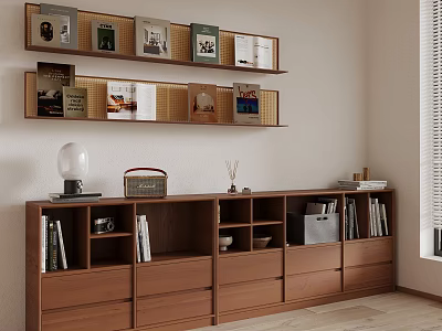 Modern Wooden Bookcase With Wall Mounted Shelves Books Photo Frames Drawers And Compartments 3d model