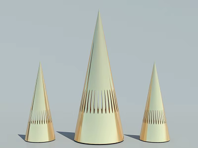 Three Golden Cone Decorative Items With Vertical Slits And Size Variations 3d model