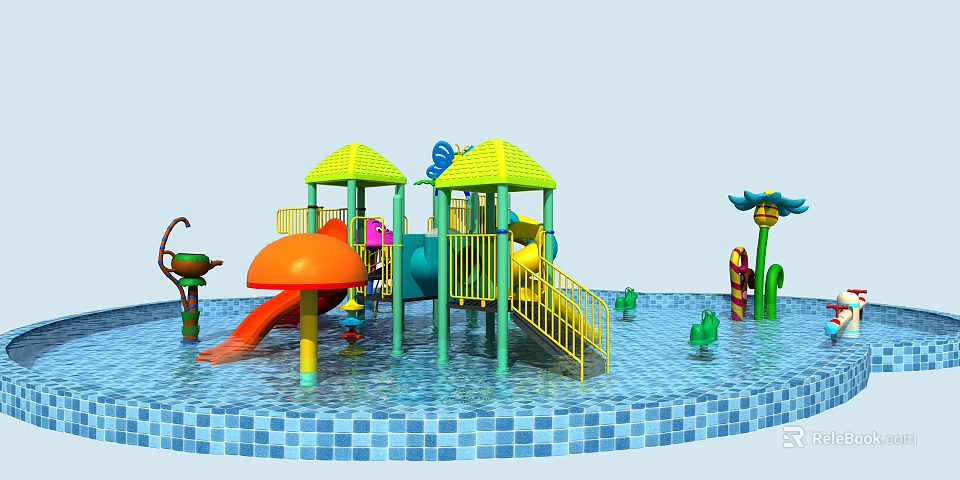 Colorful Water Playground Equipment with Slides Yellow Roofs Green Structures and Blue Pool 3d model 