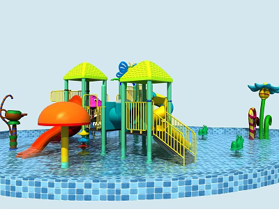 Colorful Water Playground Equipment with Slides Yellow Roofs Green Structures and Blue Pool 3d model