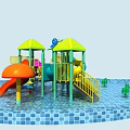 Colorful Water Playground Equipment with Slides Yellow Roofs Green Structures and Blue Pool