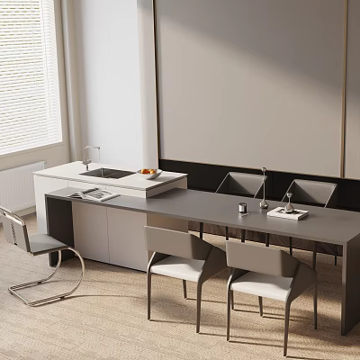 Modern Dining Table Set With Matching Chairs And Sleek Island Counter In Bright Room 3d model
