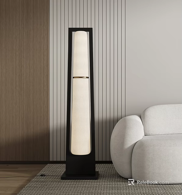 Modern Minimalist White Floor Lamp In Living Room With Stripe Wall And Beige Sofa 3d model 
