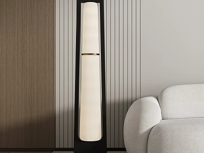 Modern Minimalist White Floor Lamp In Living Room With Stripe Wall And Beige Sofa 3d model