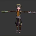 3D Game Movie Character With Short Hair Yellow Top Black Coat Outstretched Arms Waist Belt