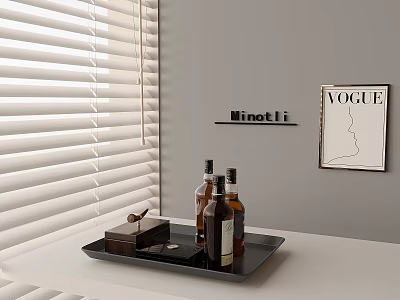 Elegant Liquor Bottles On Black Tray With Ninetti Sign And VOGUE Poster By White Blinds 3d model