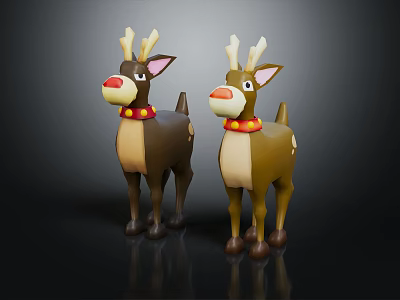 Two Brown And Light Brown Reindeer Toys With Red Noses Red Collars And Yellow Ornaments 3d model