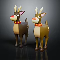 Two Brown And Light Brown Reindeer Toys With Red Noses Red Collars And Yellow Ornaments