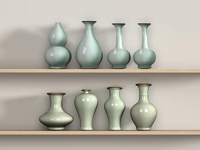 Celadon Colored Vases Decorative Ornament Set With Various Shapes On Wooden Shelves 3d model
