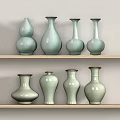 Celadon Colored Vases Decorative Ornament Set With Various Shapes On Wooden Shelves