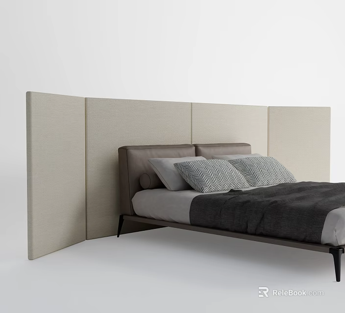 Upholstered Beige Fabric Paneled Bedroom Screen Behind Modern Grey Headboard Bed 3d model 