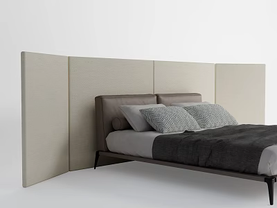 Upholstered Beige Fabric Paneled Bedroom Screen Behind Modern Grey Headboard Bed 3d model