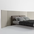 Upholstered Beige Fabric Paneled Bedroom Screen Behind Modern Grey Headboard Bed