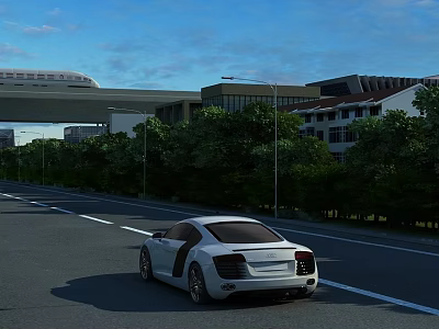 Beautiful Sunny Urban Road Scenery With White Sports Car Elevated Train And Lush Green Trees 3d model