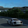 Beautiful Sunny Urban Road Scenery With White Sports Car Elevated Train And Lush Green Trees