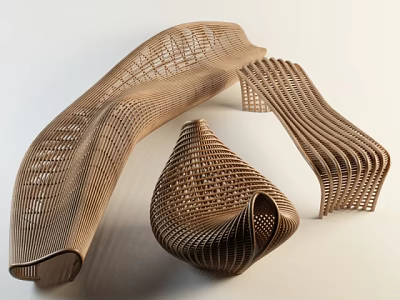 Modern Wooden Public Chair With Intricate Lattice Structure And Curved Design 3d model