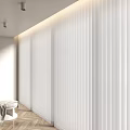 White Vertical Striped Curtains In Modern Interior With Sunlight Wooden Floor And Small Stool