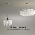 Medieval Style Droplight With Golden Frame And Leaf Shaped Glass Shades