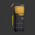 Tactical Cylindrical Weapon With Yellow Black Strap And Mechanical Design Details