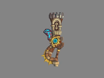 Fantasy Weapon Design With Stone Wood Structure Blue Glowing Eye And Golden Spikes 3d model