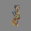 Fantasy Weapon Design With Stone Wood Structure Blue Glowing Eye And Golden Spikes