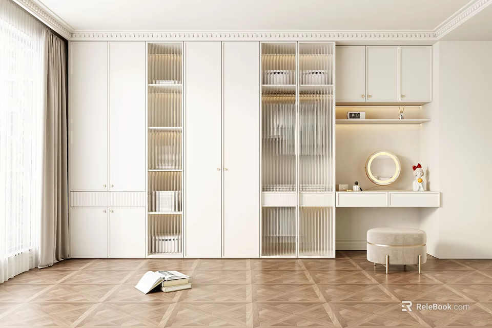 White Modern Wardrobe with Glass Doors and Dressing Table Mirror Interior Design 3d model 