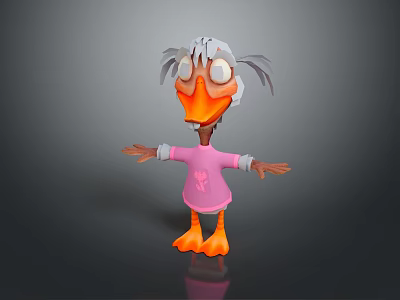 Cute Cartoon Duck Character With Gray Hair Orange Beak Pink Sweater And Outstretched Arms 3d model