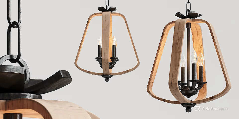 Rustic Wooden Frame Pendant Lights With Black Metal And Candle Bulbs For Home Interior Decor 3d model 