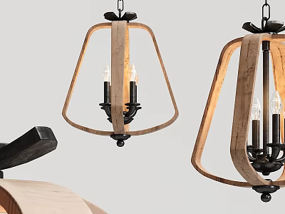 Rustic Wooden Frame Pendant Lights With Black Metal And Candle Bulbs For Home Interior Decor 3d model