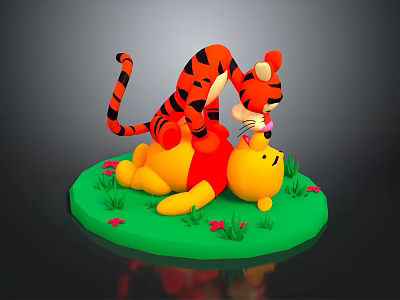 Playful Tigger On Winnie The Pooh's Back Lying On Green Grass With Flowers 3d model