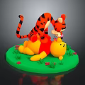 Playful Tigger On Winnie The Pooh's Back Lying On Green Grass With Flowers