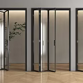 Modern Glass Folding Doors In Interior Space With Black Frames And Wooden Floor