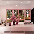 Pink Themed Store Interior With Cloud Pendant Lights Pink Chairs And Display Counters 3d model