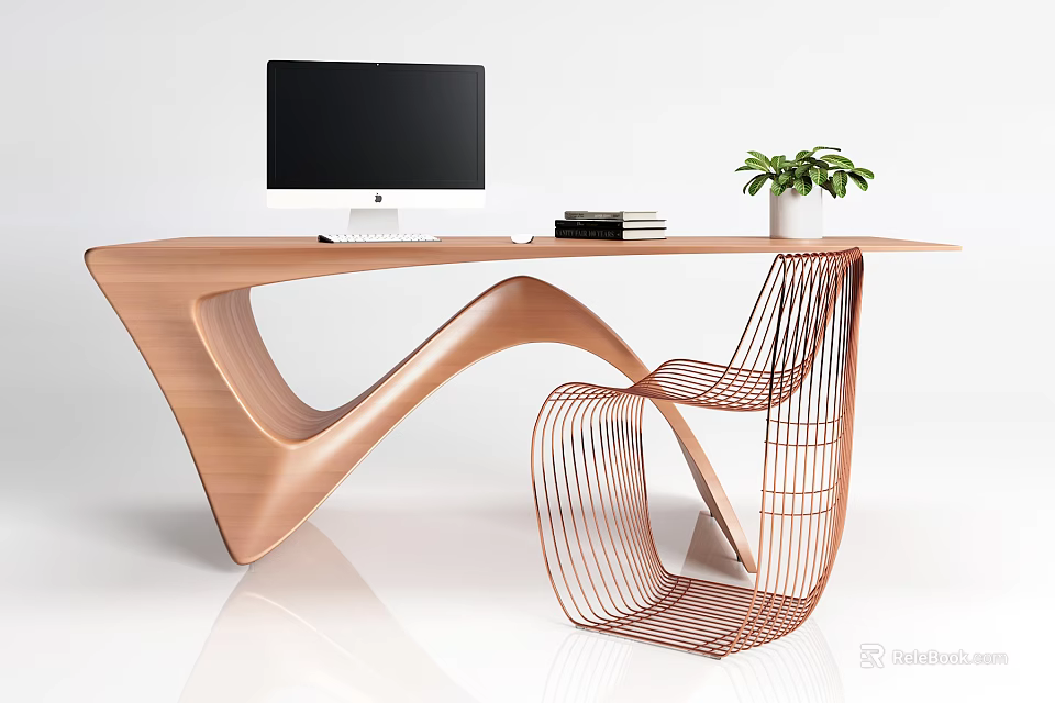Modern Wooden Office Desk With Unique Curved Design Black Monitor Books And Wireframe Chair 3d model 