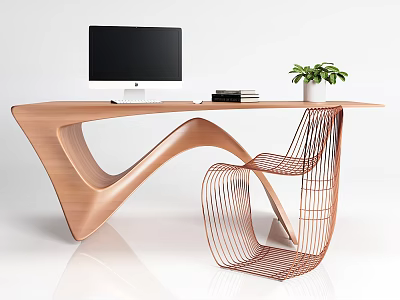 Modern Wooden Office Desk With Unique Curved Design Black Monitor Books And Wireframe Chair 3d model