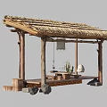 Rustic Garden Pavilion With Thatched Roof Wooden Benches Small Table Cactus Plants And Stone Decor
